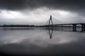 Black and white cityscape. North Bridge in Kyiv in the reflection of the Dnieper Royalty Free Stock Photo