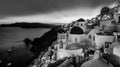 Traditional greek village of Oia in black and white, Santorini island, Greece. Royalty Free Stock Photo