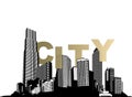Black and white cityscape silhouette with skyscrapers and golden City word