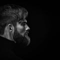 Black and white close up image of serious brutal bearded man on Royalty Free Stock Photo