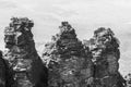 Black and white, close up image of Three Sisters rock formation. Blue Mountains. Echo Point Katoomba, New South Wales, Australia Royalty Free Stock Photo