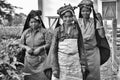 A black and white close up portrait of three poor women tea pluckers who just finished their work. they looks at the camera and