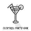 Black and white cocktail with lemon wedge and shadow, bubbles and a straw. Icon. Phrase Cocktail party bar. Royalty Free Stock Photo