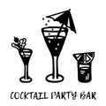 Black and white cocktails with bubbles, umbrella, berry, lemon and orange slice. Icon. Phrase Cocktail party bar. Royalty Free Stock Photo