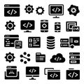 black and white coding development icons set including computers mobile devices and coding symbols web development and programming Royalty Free Stock Photo