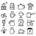 Black and white coffee linear icons collection. Coffee flat icons set