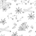 Black and white coffee seamless pattern. Vector cinnamon sticks, cloves and anise on a white background for bars and cafes