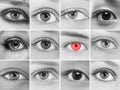 Black and white Collage photo of eYES where one is red