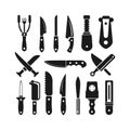 Black and white collection of kitchen knives and tools Royalty Free Stock Photo