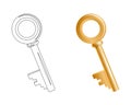 Black and white and colored golden key. Illustration can be used for coloring book and pictures for children Royalty Free Stock Photo