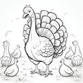 Black and White coloring book, adult angry turkey and tiny ones all around. Turkey as the main dish of thanksgiving for the