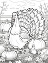 Black and White coloring book adult and turkey bringing out young children around pumpkin farm leaves. Turkey as the main dish of Royalty Free Stock Photo