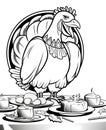 Black and white coloring book, big smiling turkey standing on the table. Turkey as the main dish of thanksgiving for the harvest