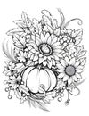 Black and White coloring book, bunch, flowers, leaves of sunny pumpkin. Pumpkin as a dish of thanksgiving for the harvest, picture Royalty Free Stock Photo