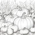 Black and white coloring book, a dozen pumpkins and leaves. Pumpkin as a dish of thanksgiving for the harvest, picture on a white