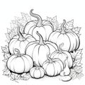 Black and white coloring book, a dozen pumpkins and leaves. Pumpkin as a dish of thanksgiving for the harvest, picture on a white