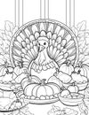 Black and White coloring book index large feathers around pumpkins, leaves, pots. Turkey as the main dish of thanksgiving for the Royalty Free Stock Photo