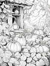 Black and White coloring book, mass of leaves, oil lamps and hidden under the leaves pumpkins, vines, roots. Pumpkin as a dish of Royalty Free Stock Photo