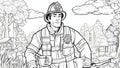 black and white, coloring book page, a black and white line drawing of a brave firefighter who is ready to face any challenge