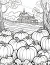 Black and White coloring book pumpkins in the background wooden house and field, trees. Pumpkin as a dish of thanksgiving for the Royalty Free Stock Photo