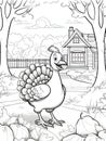 Black and white coloring book, a small cheerful in dyczek on the farm. Turkey as the main dish of thanksgiving for the harvest