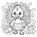 Black and White coloring book, tiny smiling turkey. Turkey as the main dish of thanksgiving for the harvest