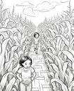 Black and White coloring book, two children running on a path in a field of corn. Corn as a dish of thanksgiving for the harvest, Royalty Free Stock Photo