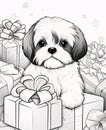 Black and white coloring card: doggie and gifts with bows. Gifts as a day symbol of present and