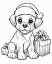 Black and white coloring card: doggie and gifts with bows. Gifts as a day symbol of present and