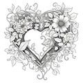 Black and White coloring card- heart entwined with flowers and leaves. Heart as a symbol of affectid love