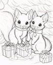 Black and white coloring card: two squirrels and gifts. Gifts as a day symbol of present and