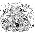 black and white coloring, girl witch, postcard, coloring for halloween