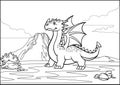 Black and white coloring page dragon and volcano mountain