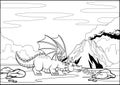 Black and white coloring page dragon in the volcano mountain