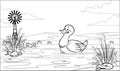 Black and white coloring page duck in pond Royalty Free Stock Photo