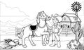 Black and white coloring page happy cowgirl with her horse Royalty Free Stock Photo