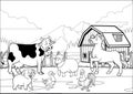 Black and white coloring page happy farm animals gathering Royalty Free Stock Photo