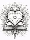 Black and White coloring page heart, book decorations. Heart as a symbol of affection and love
