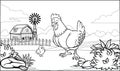 Black and white coloring page hen in the farm with her chick