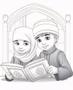 Black and white coloring page, young children holding and reading a book of the Quran. Ramadan as a time of fasting and prayer for Royalty Free Stock Photo