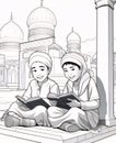 Black and white coloring page, young children holding and reading a book of the Quran. Ramadan as a time of fasting and prayer for Royalty Free Stock Photo