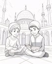 Black and white coloring page, young children holding and reading a book of the Quran. Ramadan as a time of fasting and prayer for Royalty Free Stock Photo