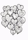 Black and white coloring sheet, decorated hearts. Heart as a symbol of affection and love