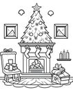 A black and white coloring sheet, a fireplace around wrapped gifts, hanging socks and a Christmas tree. The Christmas star as a Royalty Free Stock Photo