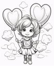 Black and White coloring sheet, a little girl holding two heart-shaped balloons around a cloud. Heart as a symbol of affection and Royalty Free Stock Photo