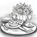 Black and White coloring sheet set table, plates glasses, cutlery, pumpkins, grapes, leaves. Picture on a white isolated Royalty Free Stock Photo
