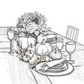 Black and White coloring sheet set table, plates glasses, cutlery, pumpkins, grapes, leaves. Picture on a white isolated Royalty Free Stock Photo