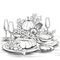 Black and White coloring sheet set table, plates glasses, cutlery, pumpkins, grapes, leaves. Picture on a white isolated Royalty Free Stock Photo