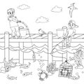 Black and white coloring of two boys fishing and catching crabs from a wooden pier. Linear landscape drawing under water and above Royalty Free Stock Photo