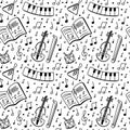Piano, violin, drum, sheet music. Musical instruments. Seamless vector pattern in doodle style. Royalty Free Stock Photo